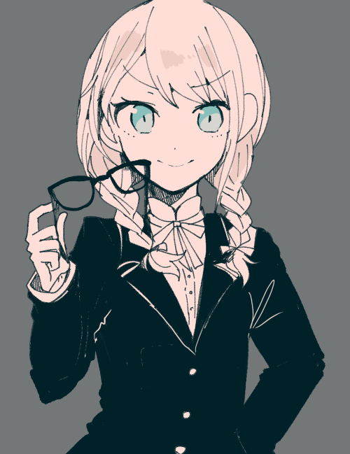&gt;:) 1girl bang_dream! bangs blue_eyes braid eyewear_removed formal glasses grey_background hand_on_hip holding holding_eyewear itomugi-kun long_hair long_sleeves looking_at_viewer muted_color neck_ribbon ribbon simple_background solo spot_color suit twin_braids upper_body wakamiya_eve white_hair