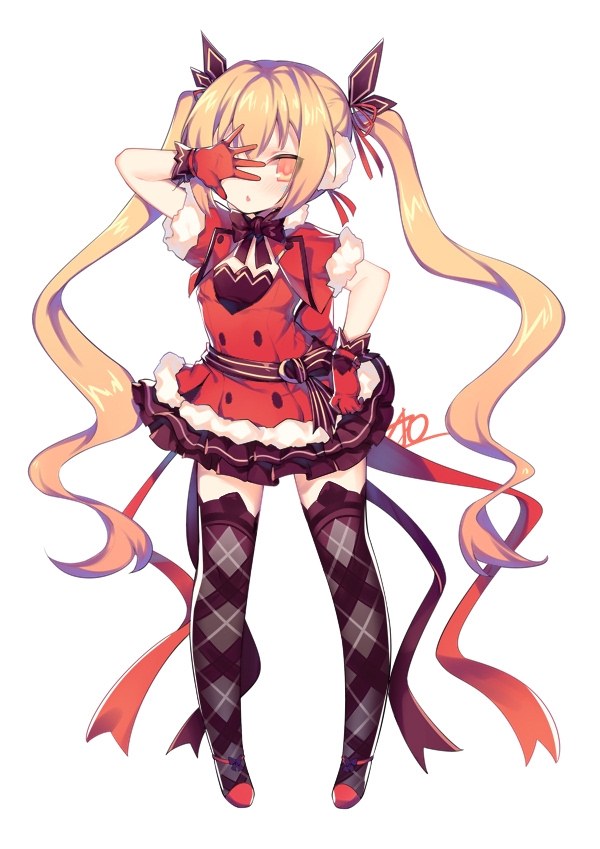 1girl blonde_hair christmas earmuffs elsword eve_(elsword) facial_mark fluffy gloves hair_ribbon hand_over_eye long_hair open_mouth red_gloves ribbon twintails utm yellow_eyes