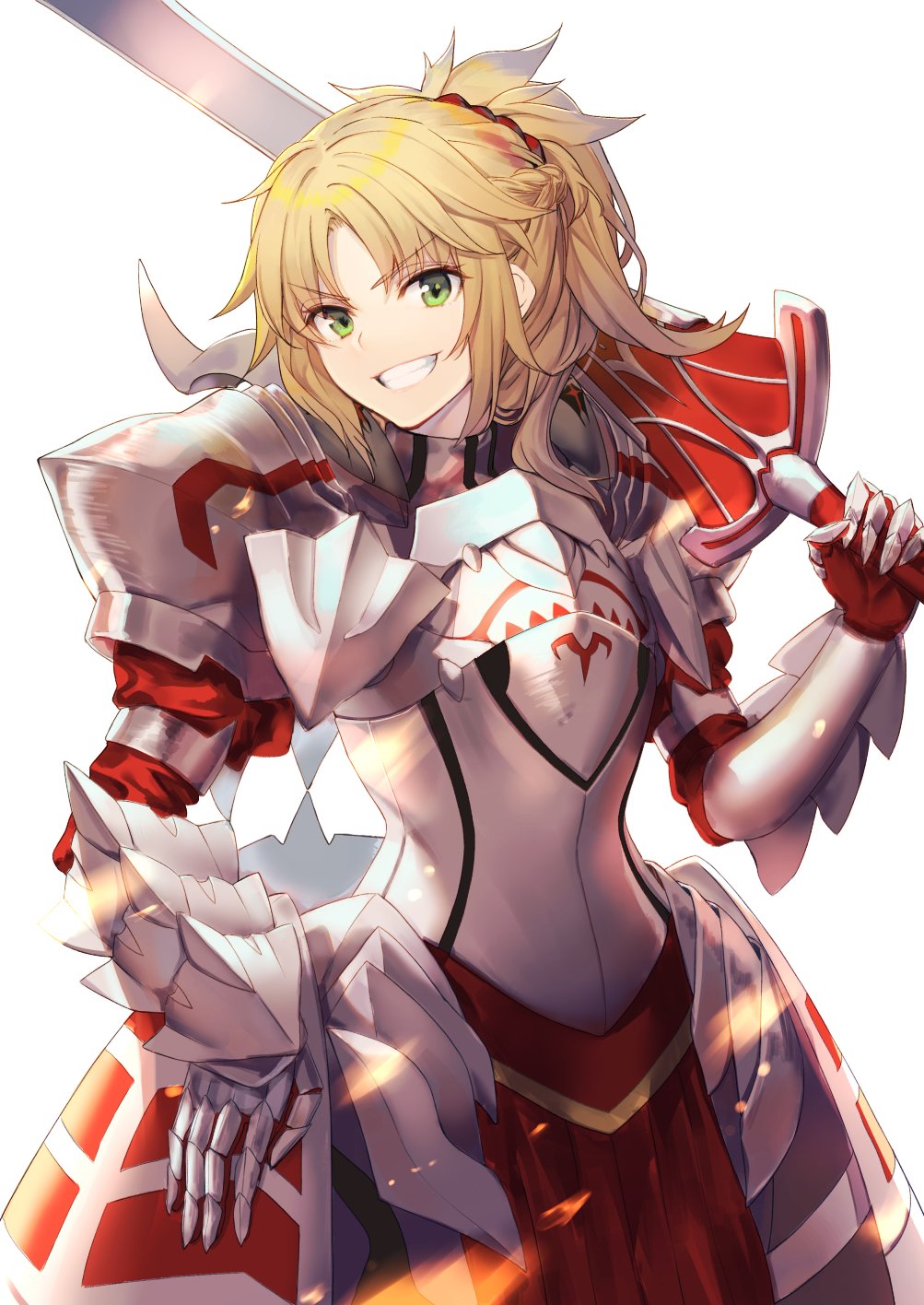 1girl armor blonde_hair braid breastplate clarent commentary_request fate/grand_order fate_(series) french_braid gauntlets green_eyes grin hair_ornament hair_scrunchie haruato highres mordred_(fate) mordred_(fate)_(all) pauldrons red_scrunchie scrunchie sidelocks smile solo standing sword weapon white_background