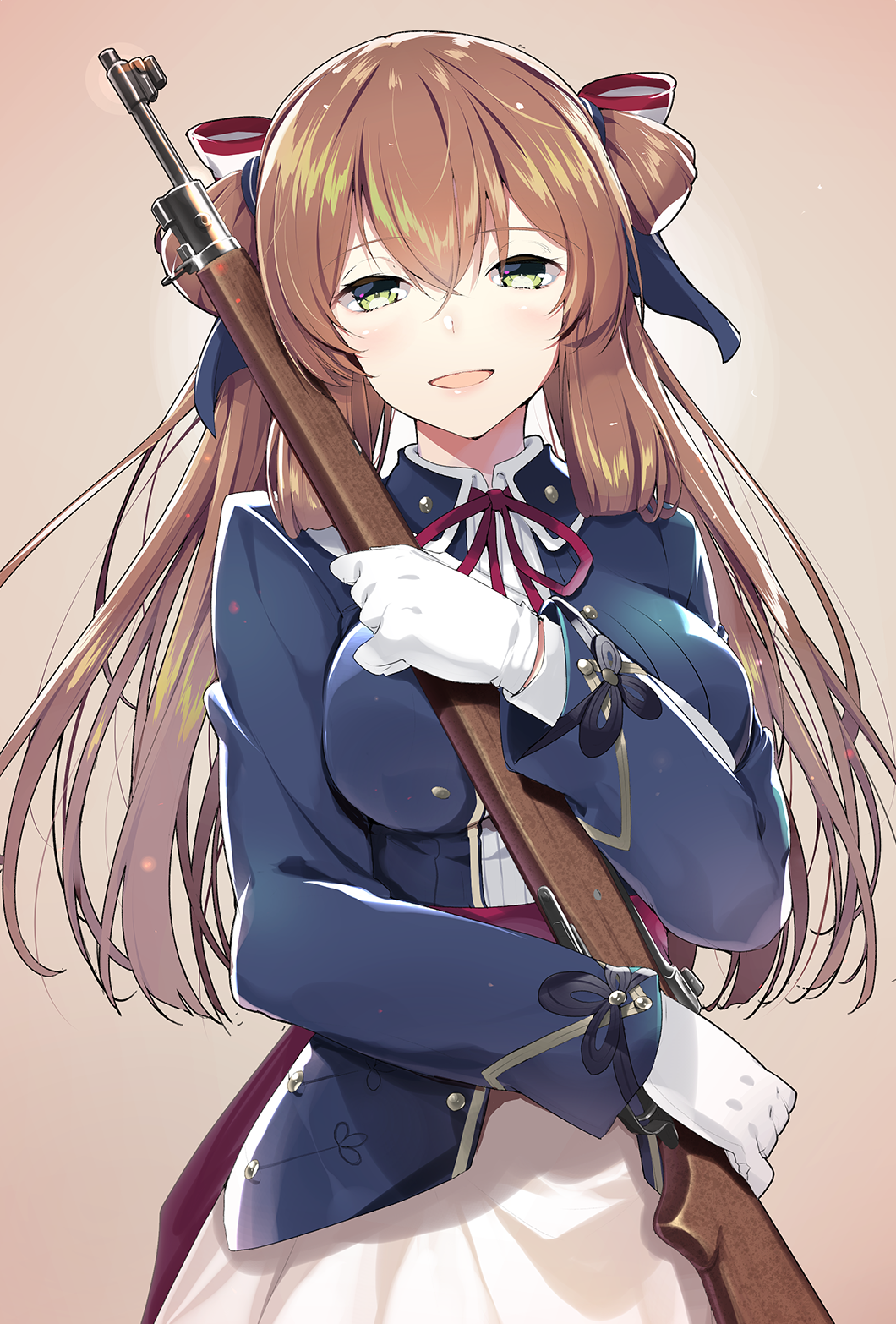 1girl akahito american_flag bangs blazer blush bolt_action breasts brown_hair cleavage cowboy_shot dress eyebrows_visible_through_hair girls_frontline gloves green_eyes gun hair_between_eyes hair_ribbon hair_rings head_tilt highres holding holding_gun holding_weapon jacket large_breasts long_hair long_sleeves looking_at_viewer m1903_springfield m1903_springfield_(girls_frontline) open_mouth ribbon rifle sash shirt sidelocks simple_background smile solo tareme twintails weapon white_dress