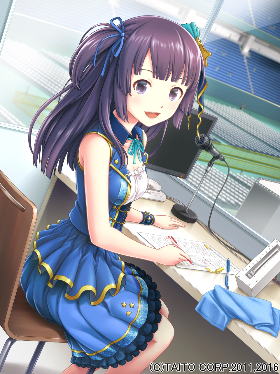 1girl :d blue_ribbon blue_skirt breasts chair computer desk dutch_angle hair_ornament hair_ribbon highres ilog indoors long_hair looking_at_viewer microphone monitor official_art open_mouth paper pen purple_hair ribbon sitting skirt small_breasts smile solo stadium star star_hair_ornament uchida_masahiro violet_eyes watermark window