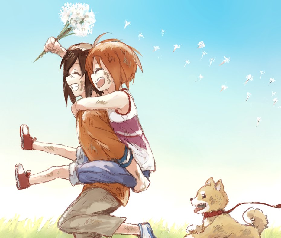 bangs blue_pants blue_sky bouquet brown_hair brown_pants carrying clear_sky commentary dandelion dandelion_seed day dirty dirty_clothes dirty_face flower from_side girls_und_panzer grin happy holding holding_bouquet long_sleeves nishizumi_maho nishizumi_miho open_mouth orange_shirt outdoors pants pants_rolled_up piggyback pink_shirt red_footwear shiba_inu shirt shoes siblings sisters sky smile standing tank_top white_footwear younger yuuyu_(777)