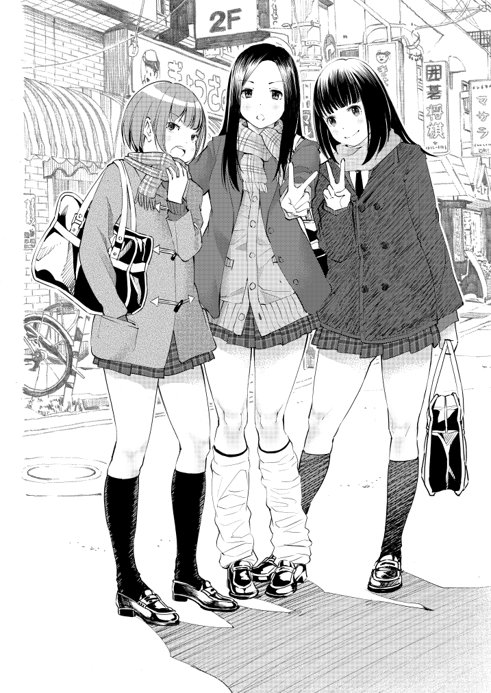 3girls :o bag bicycle black_footwear black_hair black_legwear blush building coat comiket_88 day greyscale ground_vehicle handbag huridog jacket kneehighs long_hair looking_at_viewer loose_socks monochrome multiple_girls open_mouth outdoors plaid plaid_scarf plaid_skirt power_lines road scarf shadow shoes short_hair sign skirt smile standing street v white_legwear