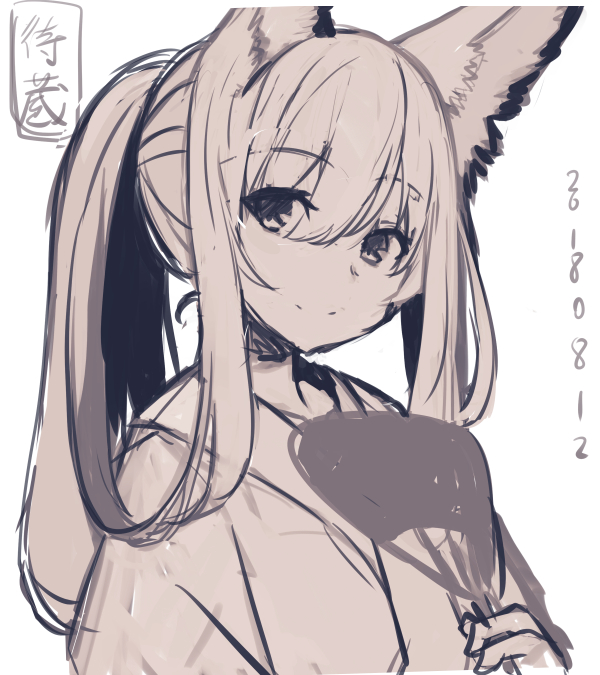 1girl animal_ears bangs blush closed_mouth dated eyebrows_visible_through_hair fan fox_ears fox_girl hair_between_eyes head_tilt holding holding_fan japanese_clothes kimono long_hair monochrome original paper_fan ponytail sepia simple_background sketch smile solo uchiwa white_background yuuji_(yukimimi)