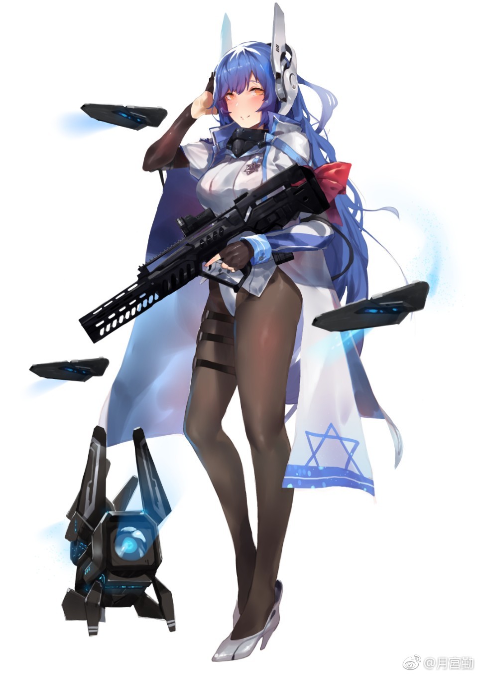 1girl assault_rifle bangs bare_shoulders black_legwear blue_hair blush bow breasts bullpup cloak closed_mouth detached_sleeve dinergate_(girls_frontline) eyebrows_visible_through_hair fingerless_gloves floating_headgear full_body girls_frontline gloves gun hair_between_eyes hand_on_own_head headgear high_heels highres holding holding_gun holding_weapon imi_tavor_tar-21 large_breasts leotard long_hair looking_at_viewer mod3_(girls_frontline) pantyhose rifle sidelocks simple_background smile solo standing tar-21_(girls_frontline) thigh_strap trigger_discipline very_long_hair weapon weibo_username white_background white_footwear white_leotard yellow_eyes yueqin_(monnpiano)