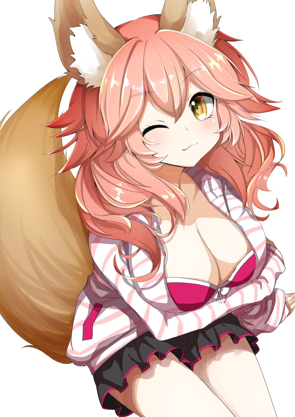 1girl ;3 animal_ear_fluff animal_ears bra breast_hold breasts cleavage collarbone fate/grand_order fate_(series) fox_ears fox_girl fox_tail highres large_breasts luluhavinera one_eye_closed open_clothes open_shirt pink_bra pink_hair simple_background solo tail tamamo_(fate)_(all) tamamo_no_mae_(fate) underwear white_background yellow_eyes