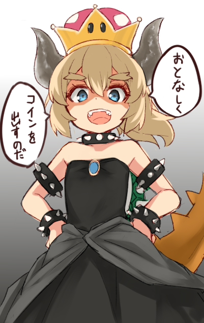 1girl :d armlet bare_shoulders black_dress blonde_hair blue_eyes bowser bowsette bracelet brooch collar commentary_request crown dress flat_chest genderswap genderswap_(mtf) hair_between_eyes horns jewelry looking_at_viewer new_super_mario_bros._u_deluxe nintendo open_mouth orihiro0614 ponytail shaded_face simple_background sketch smile solo speech_bubble spiked_armlet spiked_bracelet spiked_collar spikes super_crown super_mario_bros. tail thick_eyebrows translated younger