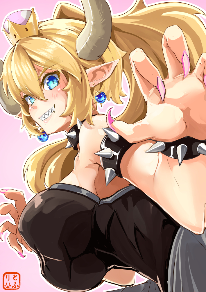 1girl amino_dopple arms_up bare_shoulders black_dress blonde_hair blue_eyes borrowed_character bowser bowsette bracelet breasts choker claw_pose commentary_request crown dress earrings eyebrows_visible_through_hair fangs fingernails genderswap genderswap_(mtf) grin hair_between_eyes horns huge_breasts impossible_clothes jewelry long_fingernails long_hair super_mario_bros. nail_polish new_super_mario_bros._u_deluxe nintendo pointy_ears ponytail sharp_teeth simple_background sleeveless sleeveless_dress smile solo teeth upper_body