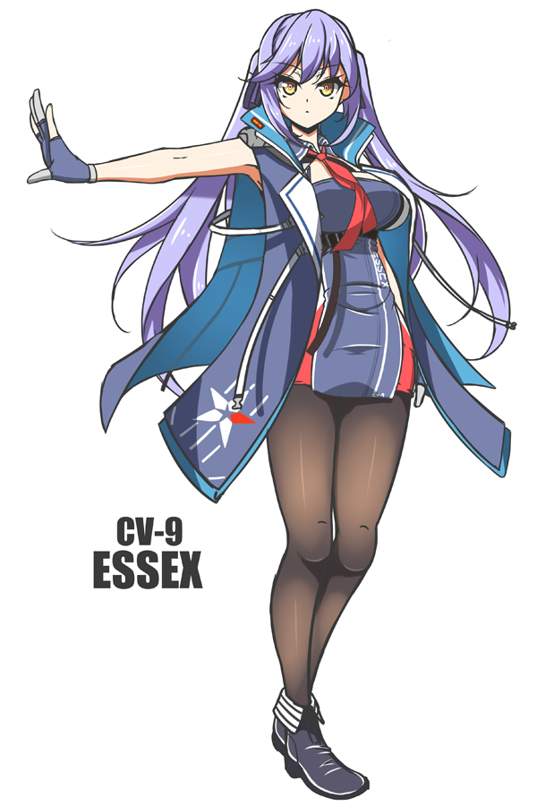 1girl armpits azur_lane bangs black_legwear blue_cloak blue_dress blue_footwear blue_gloves blue_hair breasts character_name cleavage cleavage_cutout collared_cloak collared_dress commentary_request dress essex_(azur_lane) eyebrows_visible_through_hair floating_hair full_body gloves long_hair looking_at_viewer medium_breasts necktie outstretched_arm pantyhose red_neckwear sayossa_(pak-front) short_dress simple_background sleeveless sleeveless_dress solo star star_print twintails underbust yellow_eyes