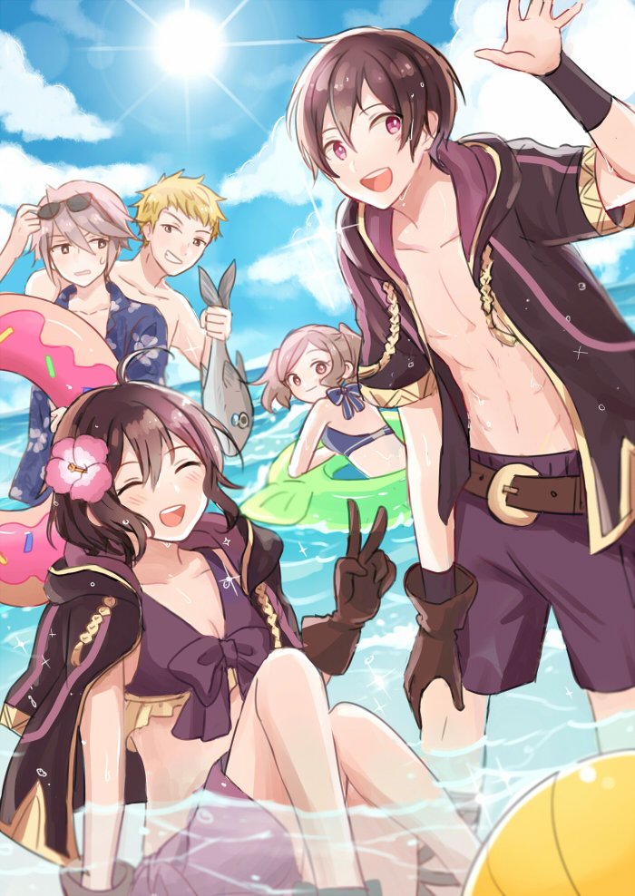 2girls 3boys azur_(fire_emblem) belt bikini black_hair blonde_hair blue_sky breasts brown_eyes brown_gloves brown_hair cleavage closed_eyes closed_mouth clouds cynthia_(fire_emblem) day dinikee eudes_(fire_emblem) eyewear_on_head female_swimwear fire_emblem fire_emblem:_kakusei fire_emblem_13 fire_emblem_awakening fire_emblem_heroes fish flower from_behind gloves grin hair_flower hair_ornament holding_fish inigo_(fire_emblem) innertube intelligent_systems looking_back male_swimwear mark_(female)_(fire_emblem) mark_(fire_emblem) mark_(male)_(fire_emblem) morgan_(fire_emblem) morgan_(fire_emblem)_(female) morgan_(fire_emblem)_(male) multiple_boys multiple_girls nintendo open_clothes open_mouth open_robe outdoors parted_lips partially_submerged robe short_hair short_sleeves sitting sky smile spiky_hair summer sunglasses super_smash_bros. swim_trunks swimsuit swimwear v violet_eyes wading water wristband