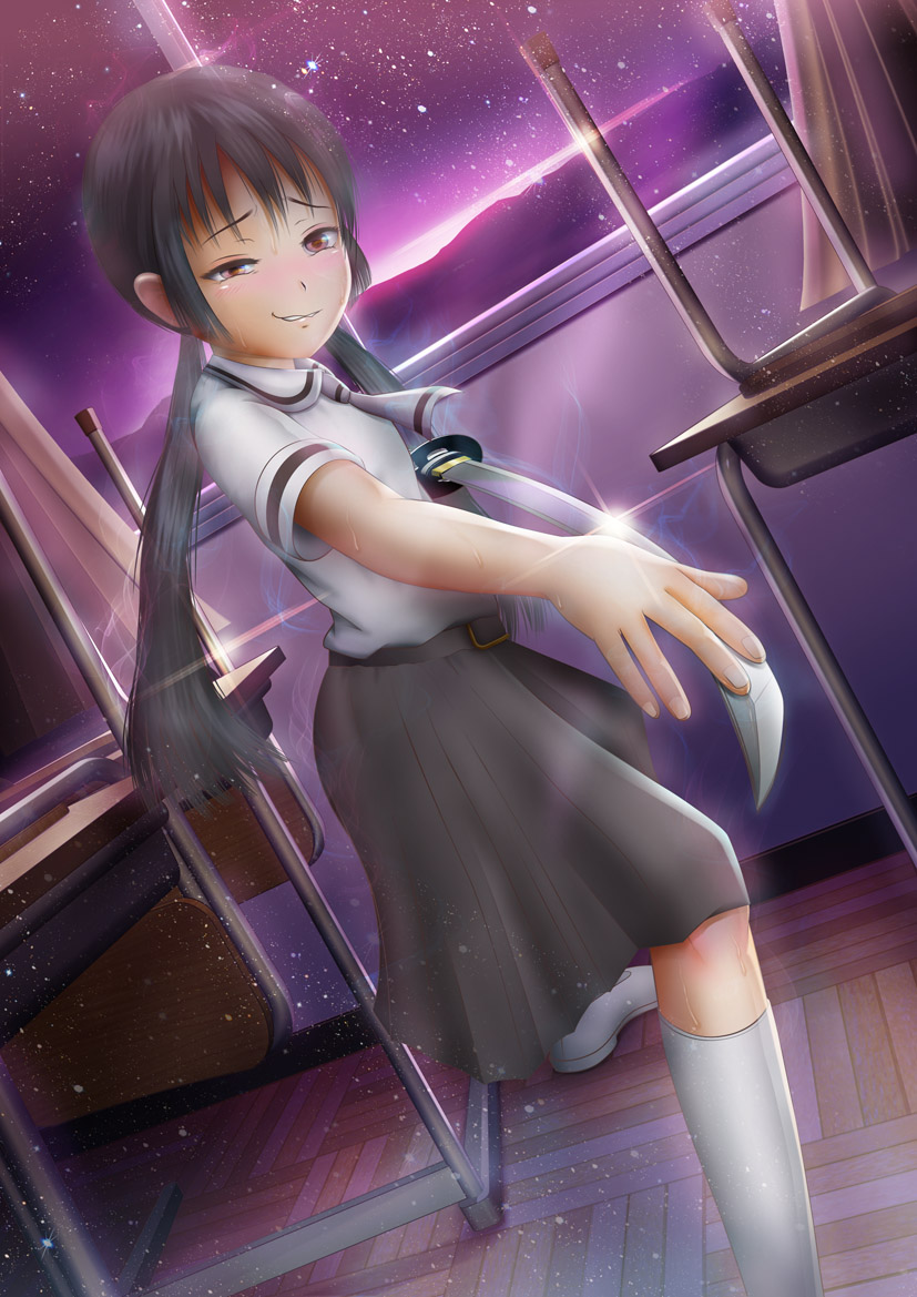 1girl asobi_asobase black_hair black_skirt brown_eyes classroom curtains desk dutch_angle gatotsu_stance glint grin higono_nio honda_hanako indoors katana long_hair night night_sky purple_sky school_desk school_uniform skirt sky smile solo sword twintails very_long_hair weapon white_footwear white_legwear window