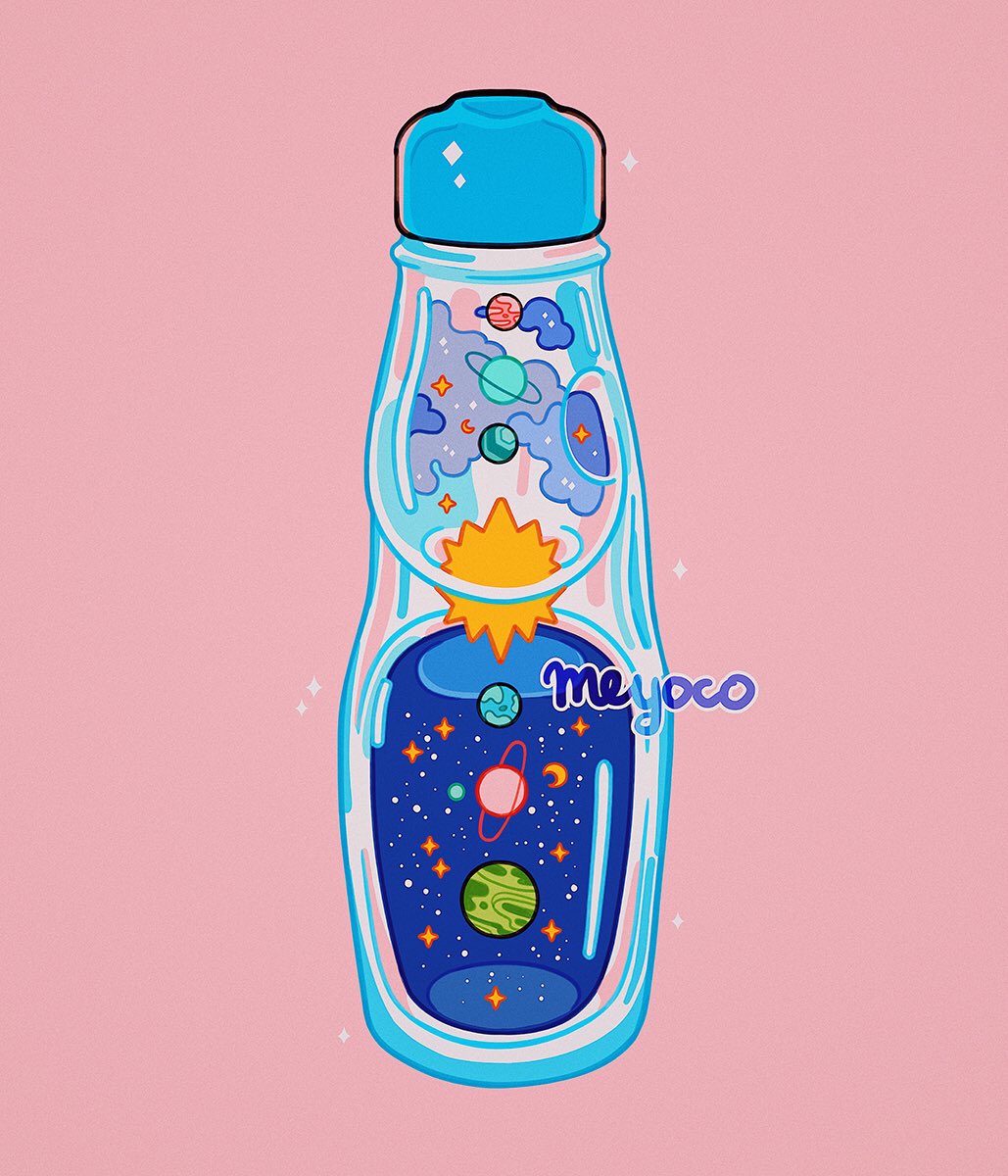 artist_name bottle clouds drink highres liquid meyoco no_humans original pink_background planet ramune saturn simple_background sparkle star star_(sky) sun