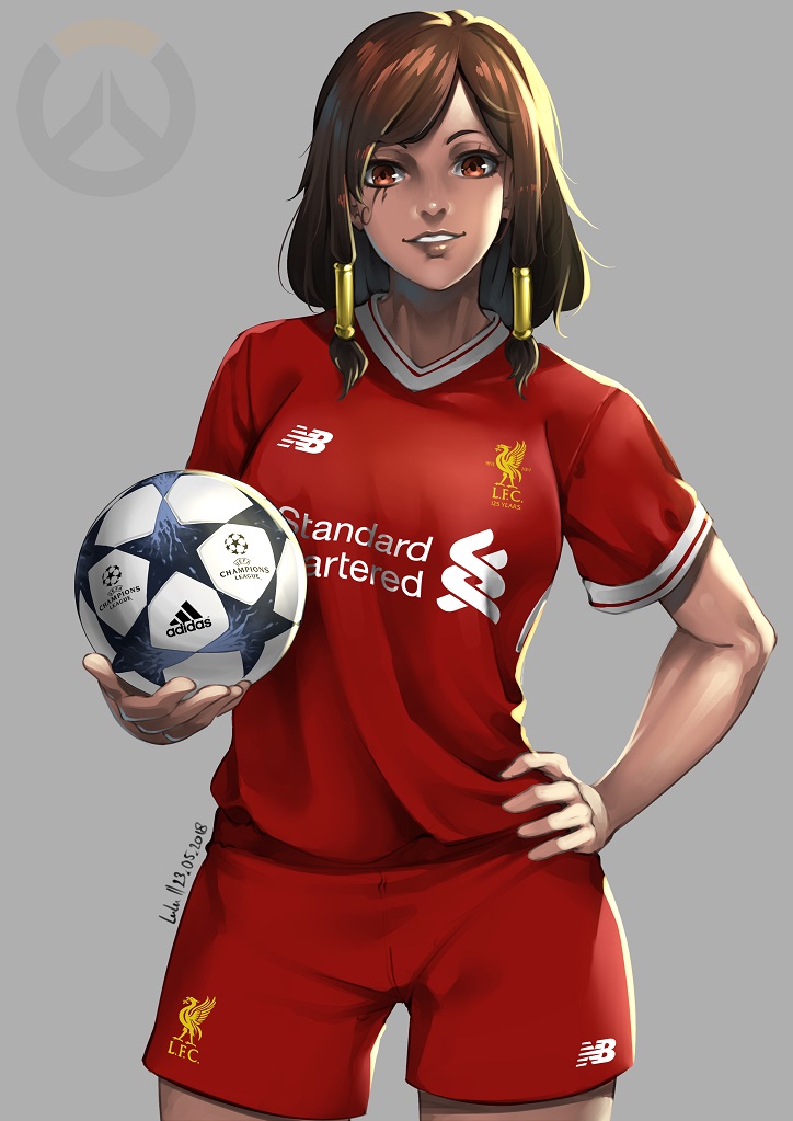 1girl ball brand_name_imitation breasts cleavage commentary cowboy_shot dark_skin facial_tattoo hair_ornament large_breasts liverpool_fc looking_at_viewer lulu-chan92 overwatch pharah_(overwatch) play_of_the_game premier_league short_hair signature simple_background soccer soccer_uniform sponsor sportswear tattoo uefa_champions_league