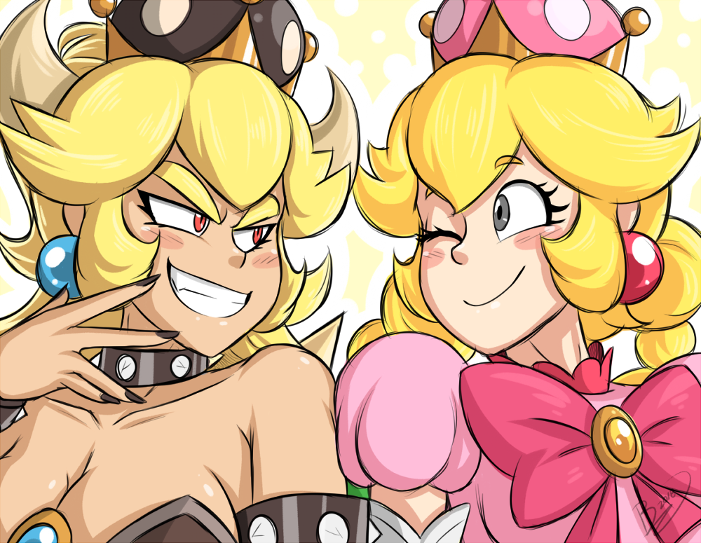 2girls ;) armlet bare_shoulders black_nails blonde_hair blush blush_stickers bow bowser bowsette bowtie braid brown_legwear closed_mouth collar collarbone crown dark_skin earrings evil_grin evil_smile eye_contact eyebrows_visible_through_hair finger_to_mouth genderswap genderswap_(mtf) grey_eyes grin hand_up horns jewelry long_hair looking_at_another super_mario_bros. multiple_girls nail_polish new_super_mario_bros._u_deluxe nintendo one_eye_closed peachette ponytail puffy_short_sleeves puffy_sleeves red_eyes short_eyebrows short_sleeves shoulder-to-shoulder sidelocks slit_pupils smile spiked_armlet spiked_collar spikes super_crown super_mario_bros. thick_eyebrows toadette tsurime twin_braids upper_body v-shaped_eyebrows zieghost