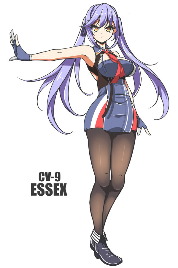 1girl armpits azur_lane bangs black_legwear blue_dress blue_footwear blue_gloves blue_hair breasts character_name cleavage cleavage_cutout collared_dress dress essex_(azur_lane) eyebrows_visible_through_hair floating_hair full_body gloves long_hair looking_at_viewer medium_breasts necktie no_cloak outstretched_arm pantyhose red_neckwear sayossa_(pak-front) short_dress simple_background sleeveless sleeveless_dress solo star star_print twintails underbust yellow_eyes