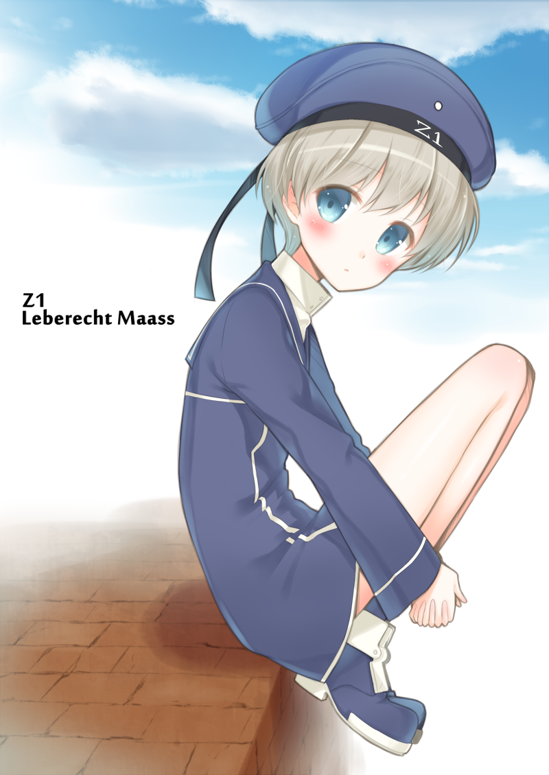 1girl beret blue_dress blue_footwear blue_hat blue_sailor_collar blue_sky blush brown_hair character_name closed_mouth clothes_writing clouds cloudy_sky day dress hat head_tilt headwear_writing interlocked_fingers kantai_collection long_sleeves looking_at_viewer looking_to_the_side masuishi_kinoto outdoors own_hands_together sailor_collar sailor_dress shoes short_dress short_hair sitting sky solo z1_leberecht_maass_(kantai_collection)