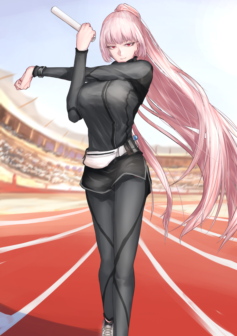 1girl alternate_hairstyle breasts fate/grand_order fate_(series) florence_nightingale_(fate/grand_order) highres jacket kanjou_jouki large_breasts long_hair looking_at_viewer open_mouth pants pink_hair ponytail red_eyes solo track_jacket track_pants track_suit very_long_hair