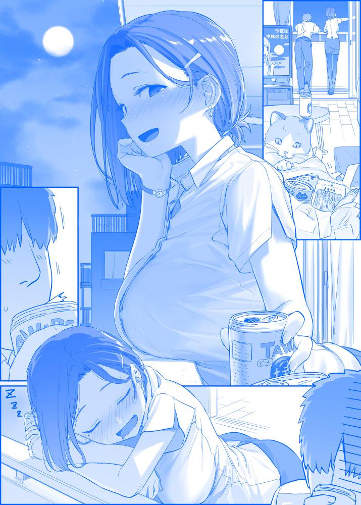 1boy 1girl :d balcony bangs beer_can blush breasts can cat chin_rest closed_eyes commentary_request drooling ear_blush earrings faceless faceless_male full_moon getsuyoubi_no_tawawa hair_ornament hairclip himura_kiseki jewelry kouhai-chan_(tawawa) large_breasts looking_at_viewer mole mole_under_eye moon open_mouth outdoors parted_bangs shirt short_sleeves sleeping smile standing taut_clothes taut_shirt watch watch