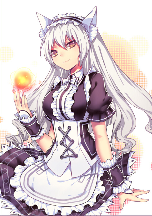 1girl animal_ears apron ara_han curly_hair detached_sleeves elsword energy_ball fox_ears long_hair maid maid_apron maid_dress maid_headdress short_sleeves utm white_hair