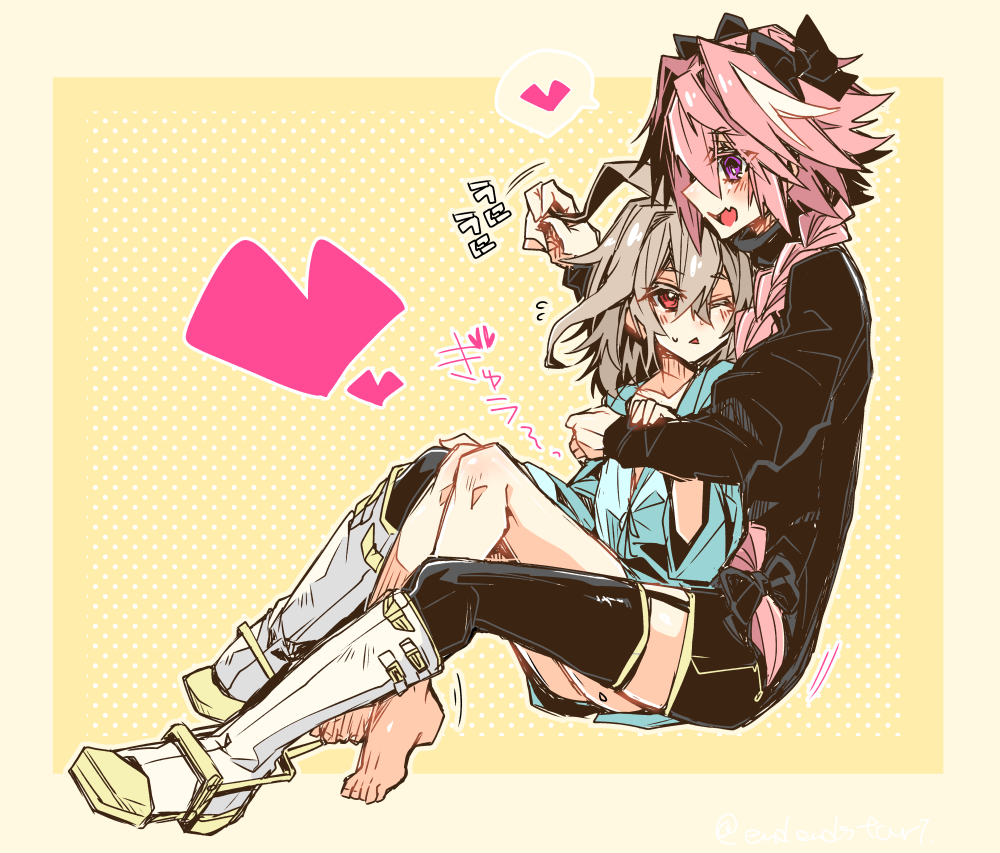 2boys :&lt; ;&lt; astolfo_(fate) barefoot black_bow black_dress black_ribbon blush boots bow braid brown_hair dress fang fate/apocrypha fate_(series) garter_straps hair_intakes hair_ribbon hand_in_another's_hair hand_on_another's_arm haoro heart hug long_braid long_sleeves looking_at_another male_focus multicolored_hair multiple_boys one_eye_closed open_mouth otoko_no_ko pink_hair puffy_long_sleeves puffy_sleeves ribbon sieg_(fate/apocrypha) single_braid speech_bubble streaked_hair sweatdrop thigh-highs violet_eyes yaoi