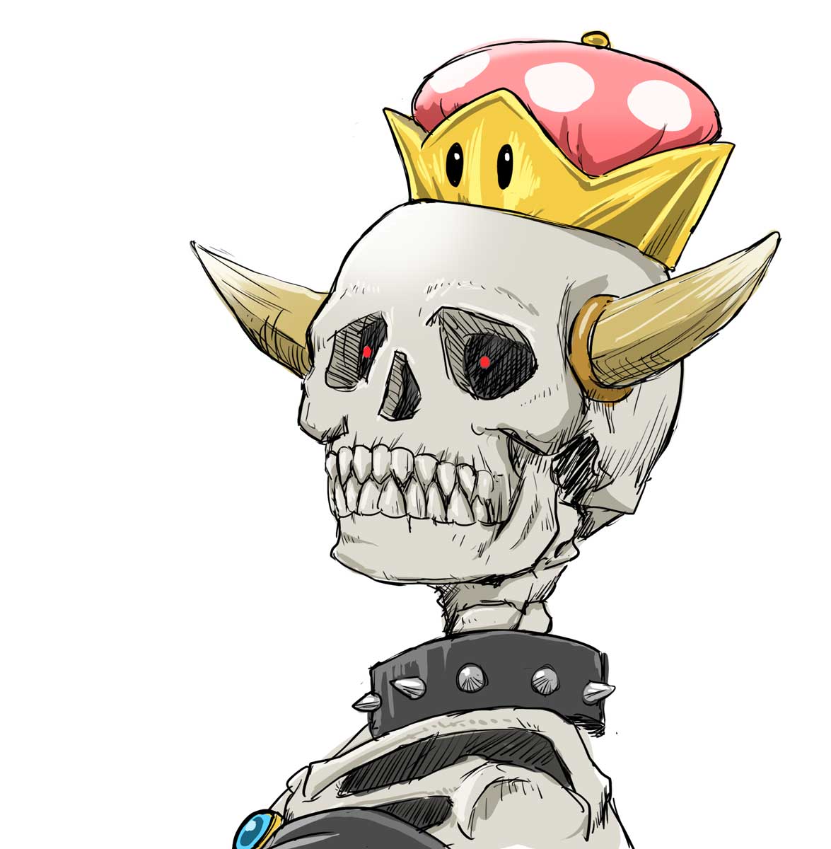 1girl black_dress borrowed_design bowser bowsette brooch chamaji collar commentary_request dress glowing glowing_eyes highres horns jewelry looking_at_viewer super_mario_bros. new_super_mario_bros._u_deluxe nintendo portrait sharp_teeth simple_background skeleton skull spiked_collar spikes super_crown super_mario_bros. teeth what white_background