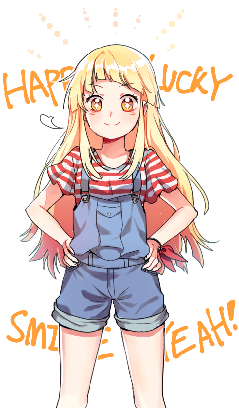 +_+ 1girl bang_dream! blonde_hair blush brown_eyes chizu_(cheese) closed_mouth eyebrows_visible_through_hair hands_on_hips long_hair overalls shirt short_sleeves smile solo standing striped striped_shirt tsurumaki_kokoro v-shaped_eyebrows very_long_hair white_background