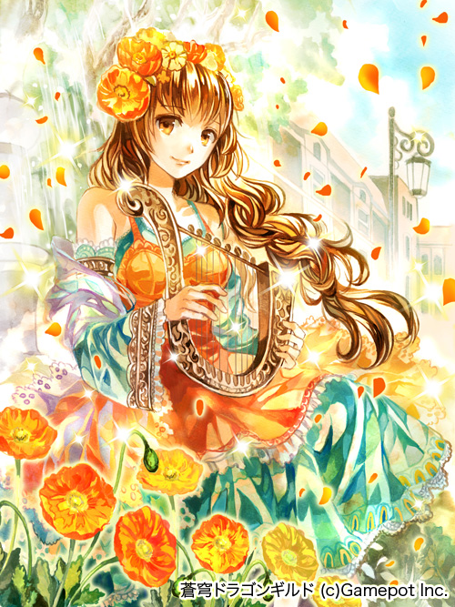 1girl acrylic_paint_(medium) braid braided_ponytail brown_eyes brown_hair collarbone copyright_name copyright_request day detached_sleeves eyebrows_visible_through_hair floating_hair flower frills head_wreath holding holding_instrument instrument long_hair long_skirt looking_at_viewer orange_flower outdoors petals ponytail rioka_(southern_blue_sky) shiny shiny_hair single_braid skirt smile solo sparkle traditional_media very_long_hair