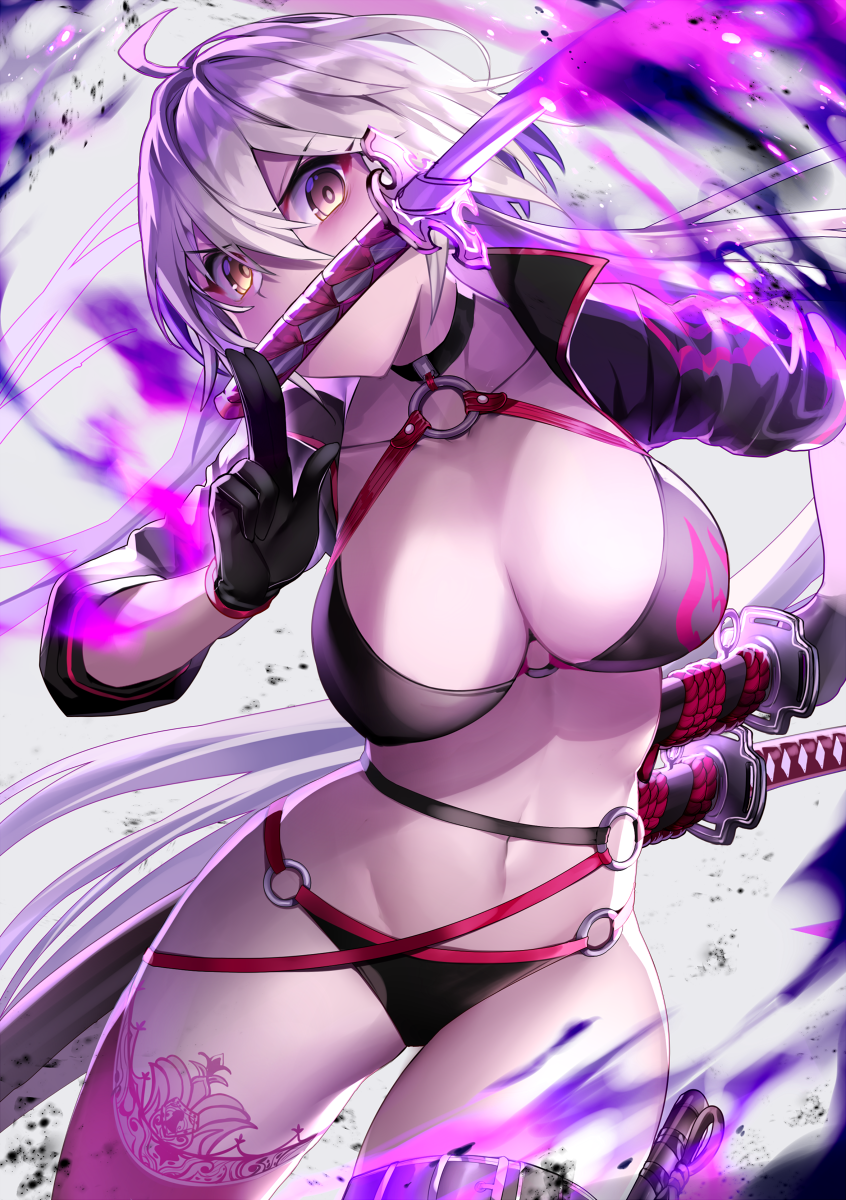 1girl ahoge bangs bikini black_bikini black_choker black_jacket breasts choker cleavage commentary_request cowboy_shot cropped_jacket eyebrows_visible_through_hair fate/grand_order fate_(series) gendo0032 gloves hair_between_eyes highres holding jacket jeanne_d'arc_(alter_swimsuit_berserker) jeanne_d'arc_(fate)_(all) katana large_breasts long_hair multicolored multicolored_background navel o-ring o-ring_bikini o-ring_bottom o-ring_top red_legwear silver_hair single_thighhigh skindentation solo swimsuit sword thigh-highs thigh_strap waist weapon yellow_eyes