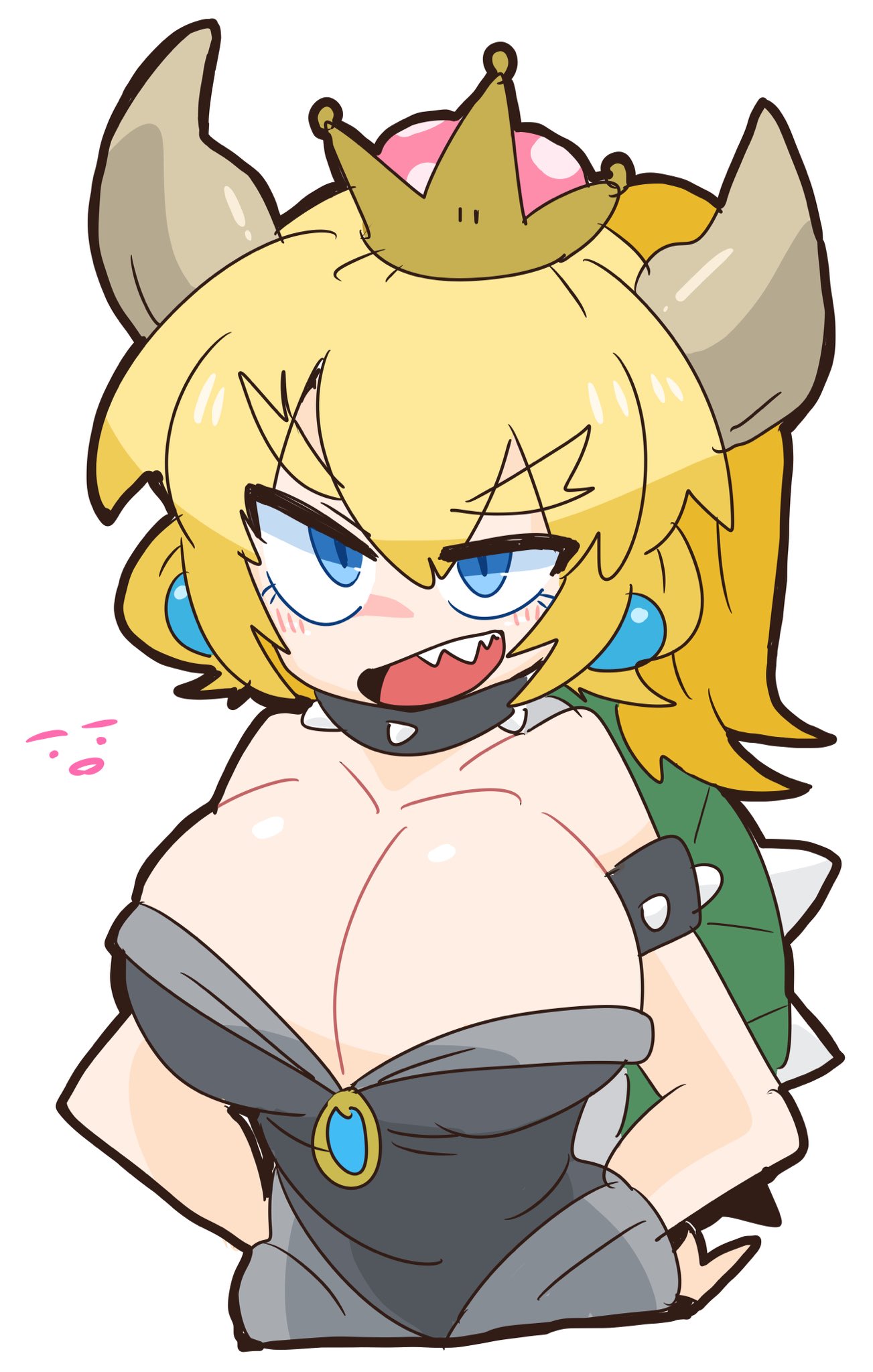 1girl armlet bare_shoulders black_dress blonde_hair blue_eyes borrowed_design bowser bowsette bracelet breasts collar crown dress genderswap genderswap_(mtf) highres horns jewelry large_breasts super_mario_bros. new_super_mario_bros._u_deluxe nintendo op_na_yarou ponytail sharp_teeth simple_background solo spiked_bracelet spiked_collar spikes strapless strapless_dress super_crown super_mario_bros. teeth turtle_shell umigarasu_(magipro) white_background