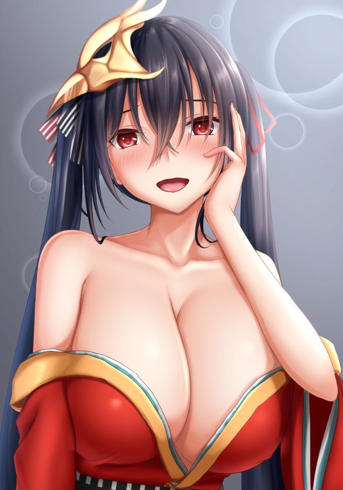 1girl :d azur_lane bangs bare_shoulders black_hair blush breasts cleavage collarbone crossed_bangs hair_between_eyes hand_on_own_face japanese_clothes long_hair open_mouth red_eyes smile solo taihou_(azur_lane) tapisuke twintails