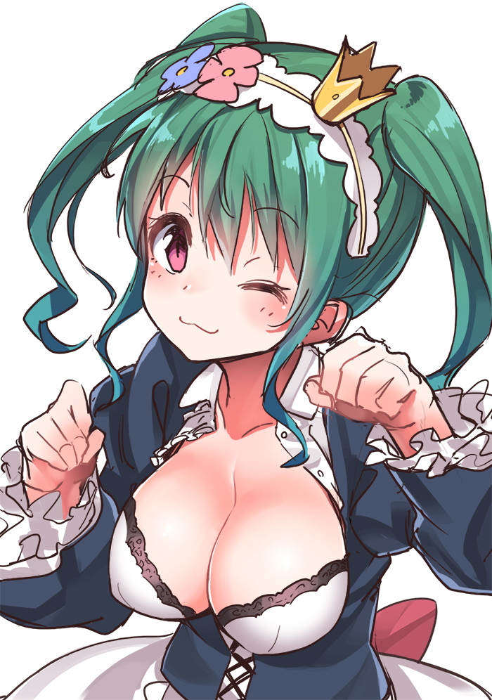 1girl ;3 breasts cleavage crown eyebrows_visible_through_hair frills green_hair hairband konnyaku_(kk-monmon) kuroi_ginko large_breasts long_hair long_sleeves looking_at_viewer maid medium_hair mini_crown paw_pose planet_with puffy_sleeves red_eyes sidelocks simple_background solo tilted_headwear twintails upper_body white_background