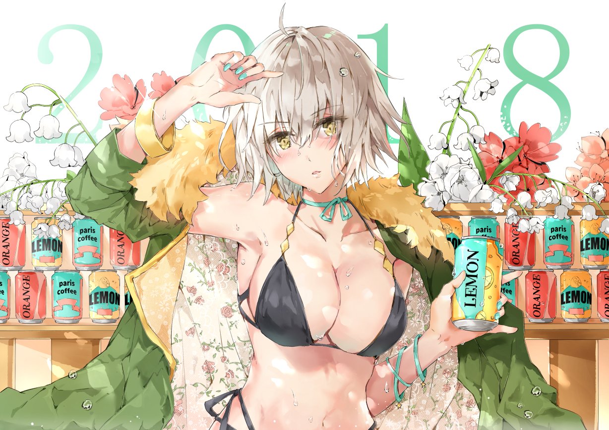 1girl 2018 ahoge aqua_nails arm_out_of_sleeve arm_ribbon arm_up bangle bikini bikini_top black_bikini black_bikini_top blush bracelet breasts c.reo can choker cleavage collarbone drink eyebrows_visible_through_hair fate/grand_order fate_(series) fingernails floral_print flower fur_trim gold_bracelet green_jacket grey_hair holding holding_can jacket jeanne_d'arc_(alter_swimsuit_berserker) jeanne_d'arc_(fate)_(all) jewelry lily_of_the_valley long_sleeves looking_at_viewer nail_polish parted_lips ribbon ribbon_choker side-tie_bikini silver_hair soda_can solo sweat swimsuit upper_body water_drop white_flower yellow_eyes