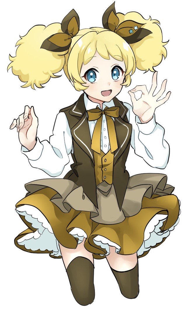 1girl :d aikatsu! aikatsu!_(series) black_legwear blonde_hair blue_eyes bow brown_ribbon brown_skirt cropped_legs dress_shirt eyebrows_visible_through_hair hair_bow kumanisu layered_skirt long_hair looking_at_viewer neck_ribbon open_mouth ribbon saegusa_kii shiny shiny_hair shirt simple_background skirt smile solo thigh-highs twintails white_background white_shirt