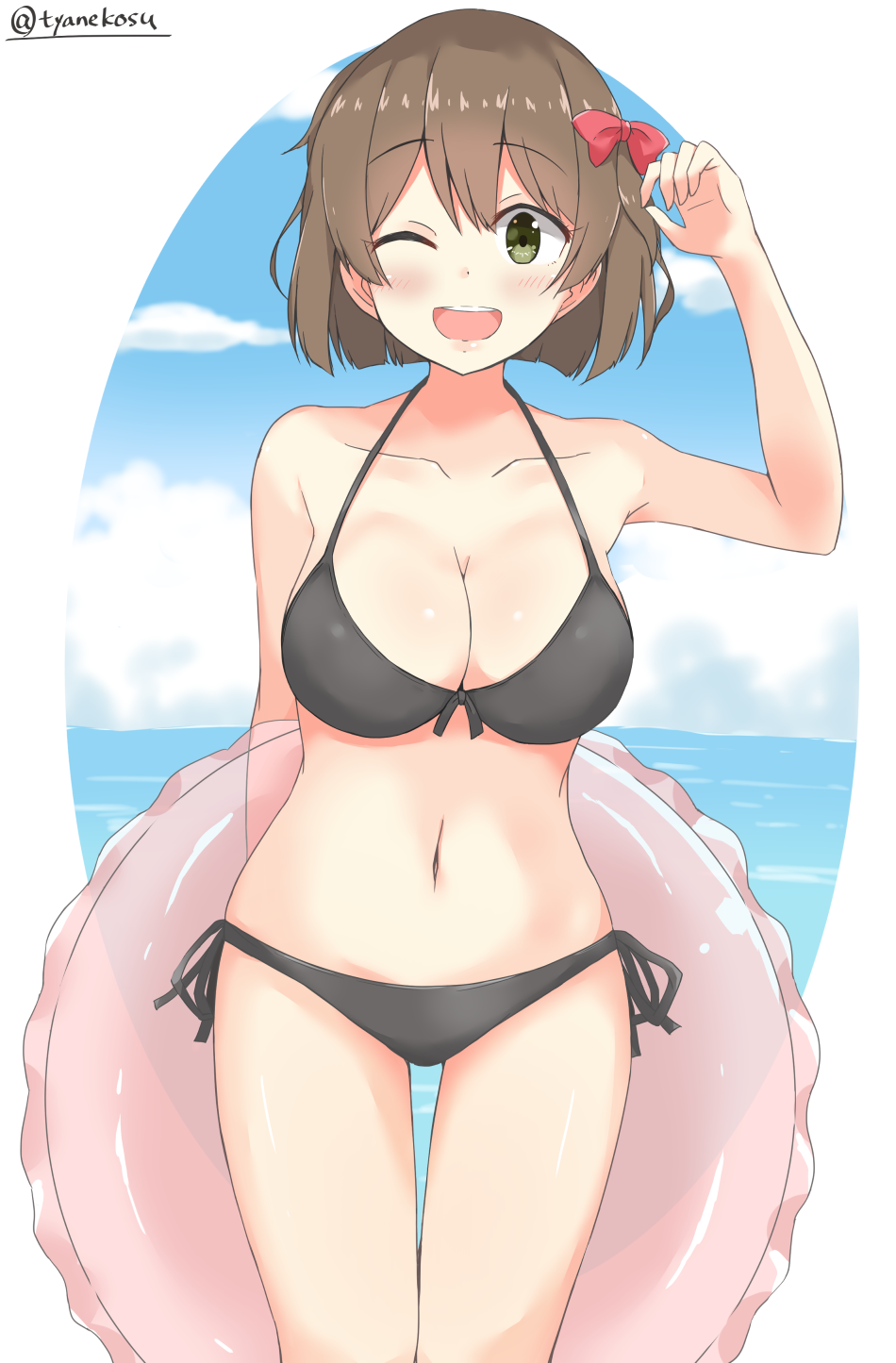 1girl ;d alternate_costume bare_shoulders bikini black_bikini blush bow breasts brown_hair chaa_(korone-ze) cleavage collarbone commentary_request cowboy_shot eyebrows_visible_through_hair hair_bow highres hiryuu_(kantai_collection) kantai_collection large_breasts looking_at_viewer navel one_eye_closed open_mouth outside_border red_bow short_hair smile solo swimsuit twitter_username