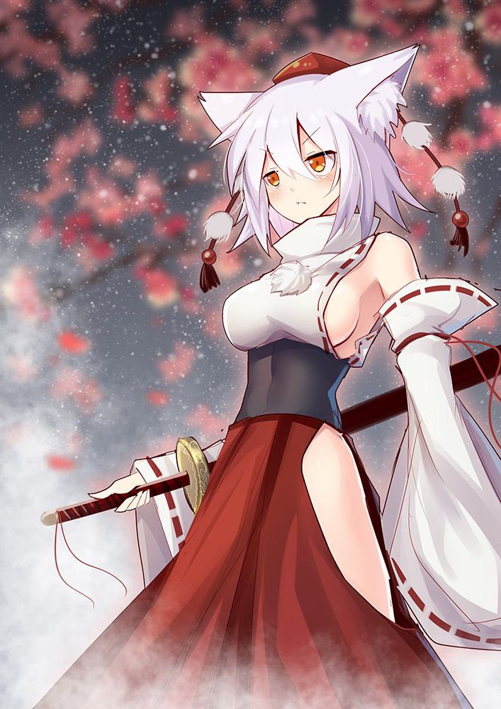 &gt;:( 1girl alternate_eye_color animal_ear_fluff animal_ears armpit_peek bangs bare_shoulders black_sash blush breasts commentary_request covered_navel detached_sleeves eyebrows_visible_through_hair feet_out_of_frame fog hair_between_eyes hat high_collar hip_vent holding holding_sword holding_weapon inubashiri_momiji katana long_sleeves medium_breasts pom_pom_(clothes) red_skirt ribbon-trimmed_sleeves ribbon_trim sash scabbard sheath sheathed shirt short_hair sideboob silver_hair skirt sky solo standing star_(sky) starry_sky sword tassel tokin_hat touhou v-shaped_eyebrows weapon white_shirt wide_sleeves wolf_ears yellow_eyes z.o.b