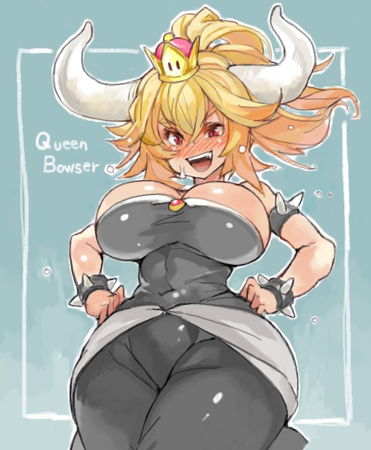 1girl bare_shoulders blonde_hair blue_eyes bowser bowsette bracelet breasts collar crown dress genderswap genderswap_(mtf) horns jewelry large_breasts super_mario_bros. new_super_mario_bros._u_deluxe nintendo ponytail sachito spiked_bracelet spiked_collar spikes super_crown super_mario_bros.