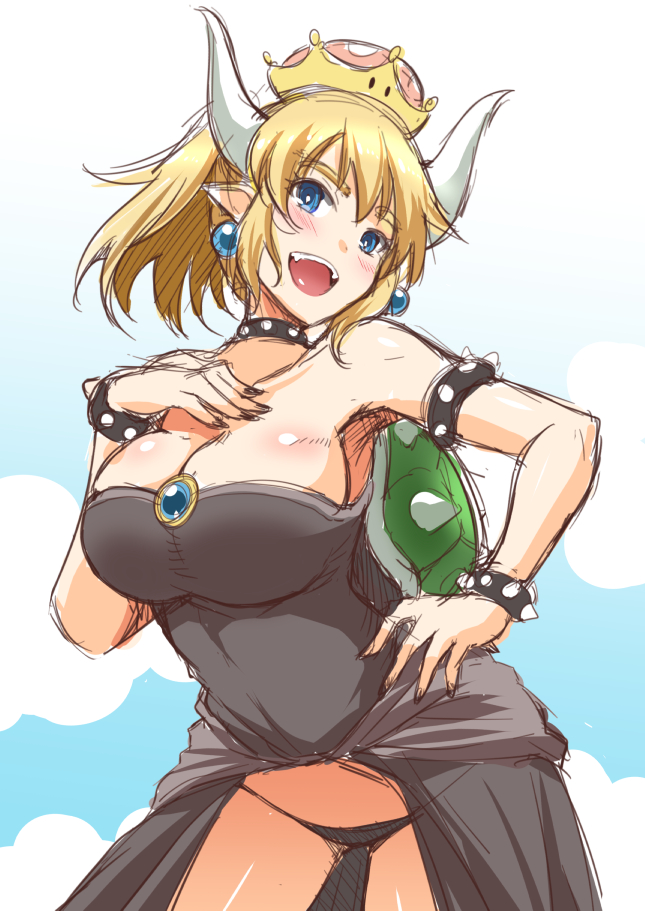 1girl :d bare_shoulders black_dress black_panties blonde_hair blue_eyes blue_sky blush borrowed_design bowser bowsette bracelet breasts cleavage clouds collar crown day dress earrings empty_eyes eyebrows_visible_through_hair genderswap genderswap_(mtf) hand_on_hip hand_on_own_chest hand_up horns jewelry large_breasts nekoi_hikaru new_super_mario_bros._u_deluxe open_mouth outdoors panties pointy_ears ponytail sketch sky smile solo spiked_bracelet spiked_collar spiked_shell spikes super_crown thick_eyebrows underwear