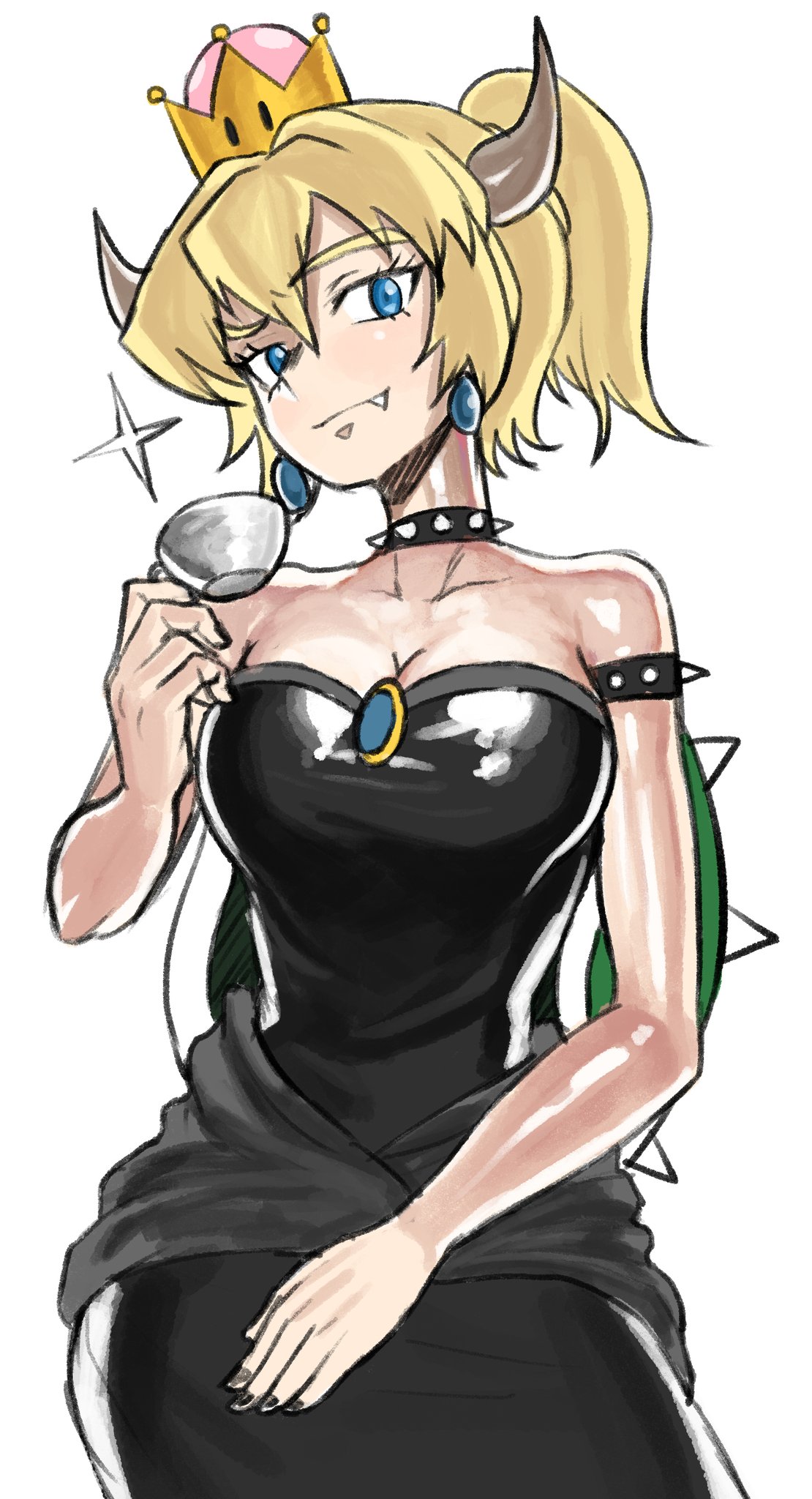 1girl black_dress blonde_hair blue_eyes bowsette breasts crown cup dress earrings eyebrows eyebrows_visible_through_hair fang hair_ornament highres horns jewelry looking_at_viewer super_mario_bros. nintendo pendant ponytail shell short_hair simple_background sitting solo super_mario_bros. teacup white_background