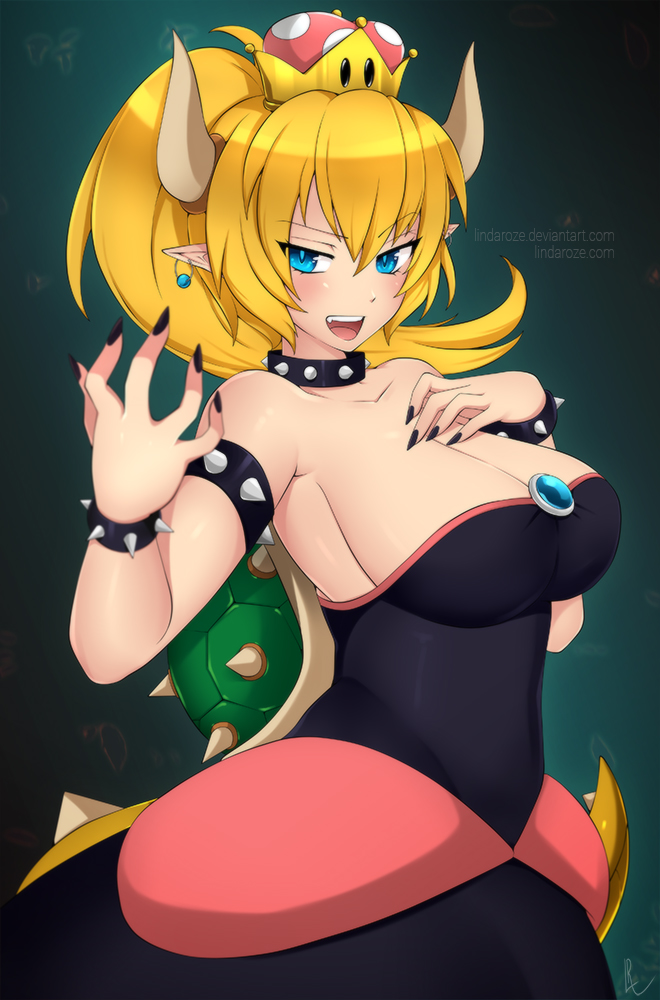 1girl alina_pegova armlet bare_shoulders black_dress blonde_hair blue_eyes blush bowser bowsette bracelet breasts collar comic crown dress genderswap genderswap_(mtf) horns jewelry large_breasts super_mario_bros. nail_polish new_super_mario_bros._u_deluxe nintendo ponytail sharp_teeth spiked_bracelet spiked_collar spikes super_crown super_mario_bros. tail teeth turtle_shell