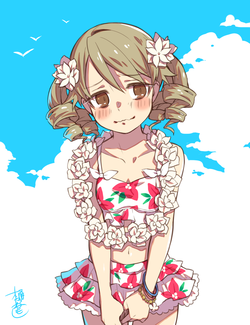 1girl bangle bare_shoulders bikini_skirt bird blush bracelet brown_eyes clouds collarbone commentary_request cowboy_shot drill_hair eyebrows_visible_through_hair floral_print flower flower_necklace frilled_swimsuit frills hair_flower hair_ornament highres idolmaster idolmaster_cinderella_girls jewelry light_brown_hair long_hair looking_away looking_to_the_side morikubo_nono navel necklace okeno_kamoku own_hands_together ringlets seagull signature sky solo swimsuit v_arms wavy_mouth