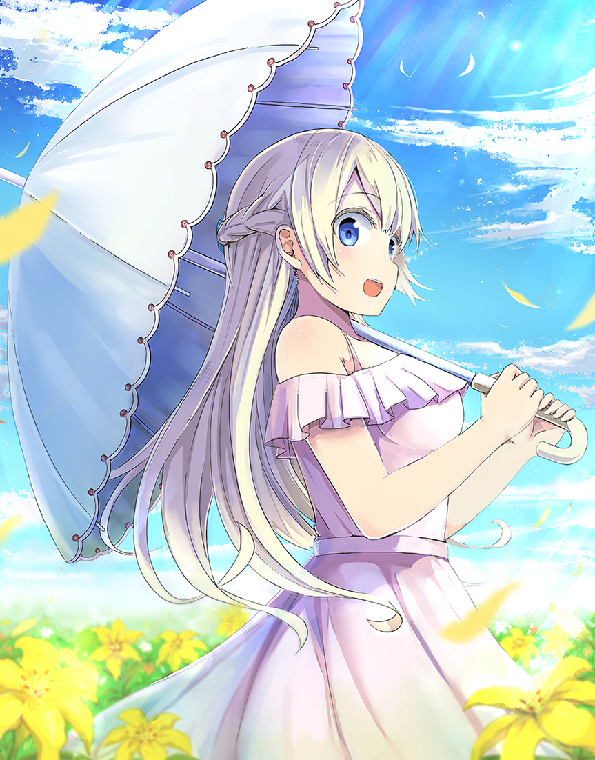 1girl :o arimoto asobi_asobase bare_shoulders blonde_hair blue_eyes blue_sky braid clouds crown_braid day dress eyebrows_visible_through_hair field flower flower_field holding holding_umbrella long_hair olivia_(asobi_asobase) outdoors over_shoulder parasol sky solo standing sunlight umbrella white_umbrella yellow_flower