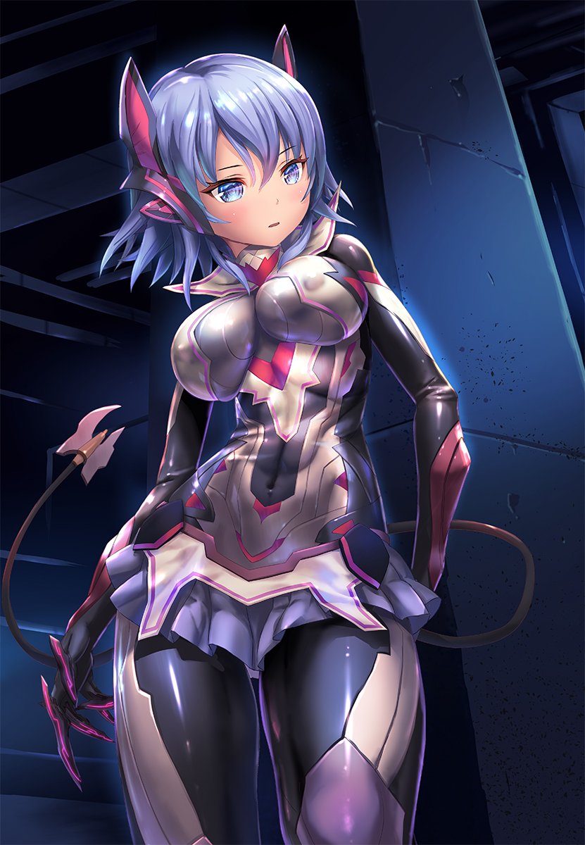 1girl blue_eyes blue_hair bodysuit highres homura_yuni impossible_bodysuit impossible_clothes mechanical_tail sedona_arustona_(taimanin_asagi) skin_tight tagme tail taimanin_(series) taimanin_asagi_battle_arena