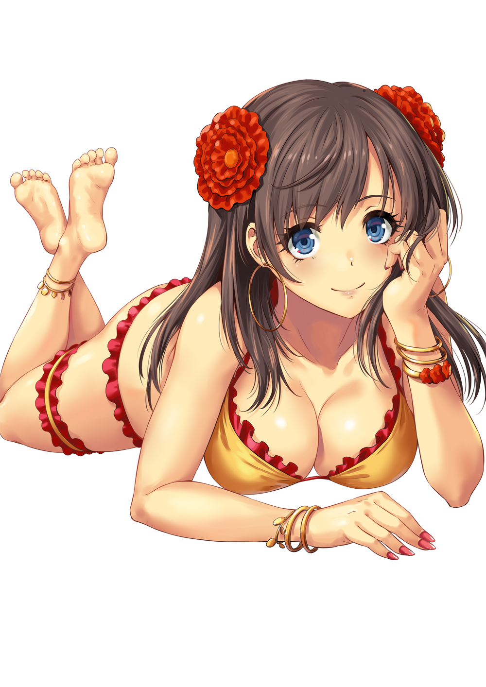 1girl anklet ass bangle bangs bare_shoulders barefoot blue_eyes blush bracelet breasts brown_hair cleavage closed_mouth collarbone commentary_request crossed_ankles dancer earrings eyebrows_visible_through_hair fate/grand_order fate_(series) flower hair_flower hair_ornament hand_to_own_cheek highres hoop_earrings jewelry large_breasts long_hair looking_at_viewer lying mata_hari_(fate/grand_order) nail_polish on_bed on_stomach red_nails sakiyamama sidelocks signature simple_background smile soles solo sparkle the_pose thighs toes white_background