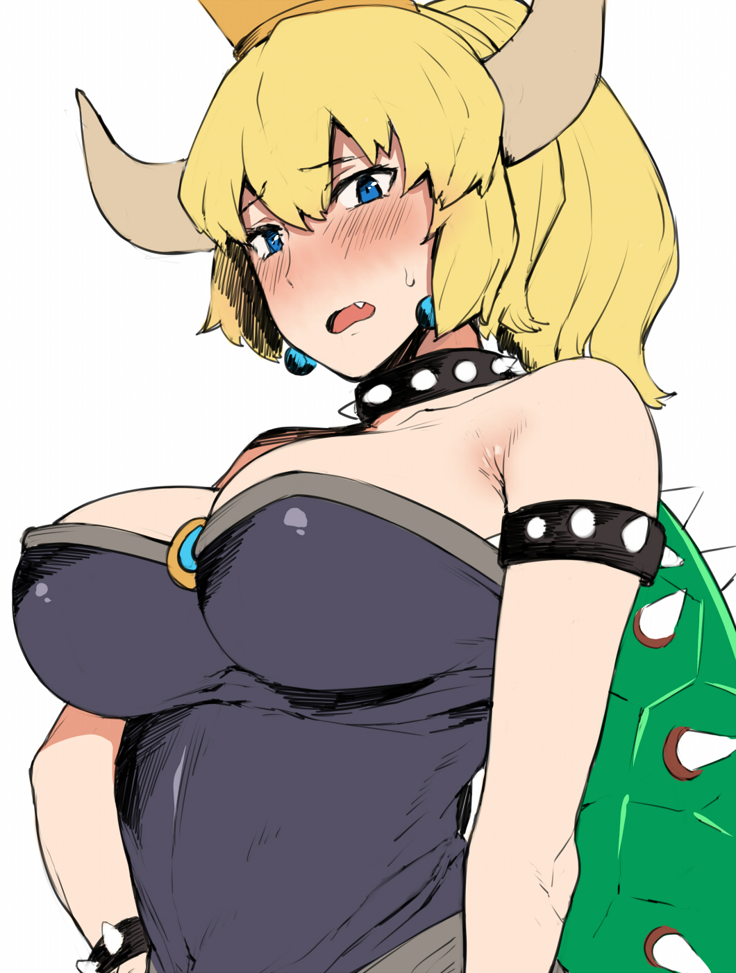 1girl :o arm_at_side armlet bare_shoulders black_dress blonde_hair blue_eyes blush borrowed_design bowser bowsette bracelet breasts collar crown dress earrings fang genderswap genderswap_(mtf) hai_ookami highres horns jewelry large_breasts super_mario_bros. new_super_mario_bros._u_deluxe nintendo ponytail shell spiked_armlet spiked_bracelet spiked_collar spikes standing super_crown super_mario_bros. sweatdrop upper_body white_background