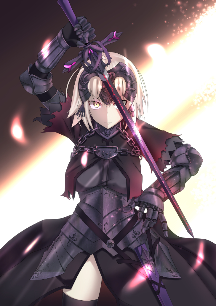 1girl arm_up armor armored_dress black_dress black_legwear chains cowboy_shot dress fate/grand_order fate_(series) gauntlets hair_between_eyes headpiece holding holding_sword holding_weapon inaroinaroi jeanne_d'arc_(alter)_(fate) jeanne_d'arc_(fate)_(all) looking_at_viewer short_hair silver_hair solo sword thigh-highs weapon yellow_eyes