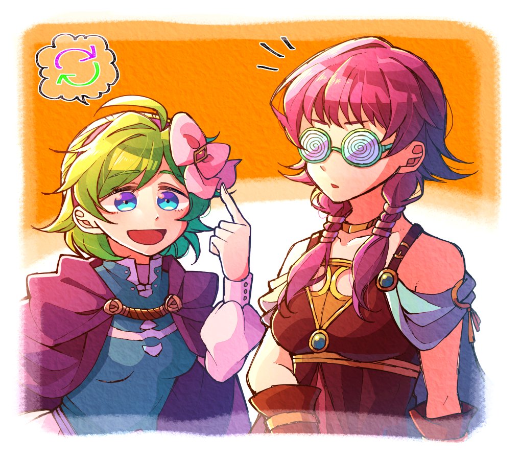 2girls blue_eyes bow cape choker fire_emblem fire_emblem:_rekka_no_ken fire_emblem:_seima_no_kouseki fire_emblem_heroes glasses green_hair hair_bow hairband hzk_(ice17moon) long_hair long_sleeves low_twintails lute_(fire_emblem) multiple_girls nino_(fire_emblem) nintendo parted_lips pink_bow purple_cape purple_hair short_hair twintails