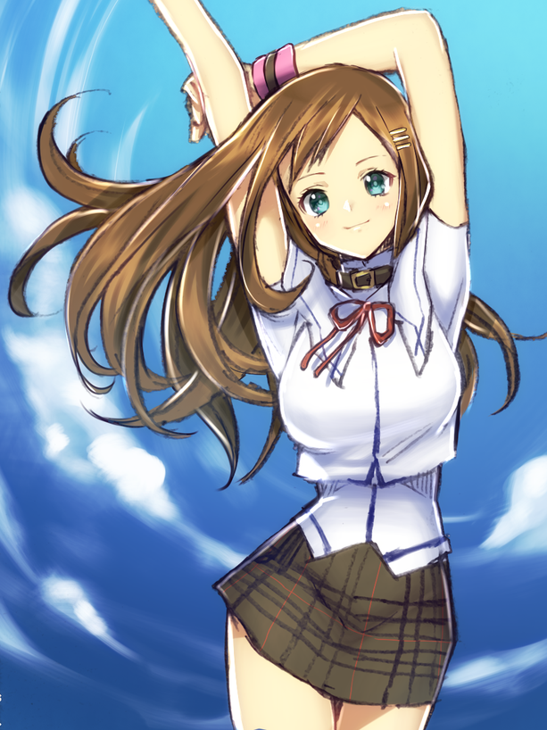 1girl alternate_costume breasts brown_hair closed_mouth commentary_request hair_ornament hairclip long_hair looking_at_viewer murata_tefu school_uniform skirt solo sophia_esteed star_ocean star_ocean_till_the_end_of_time