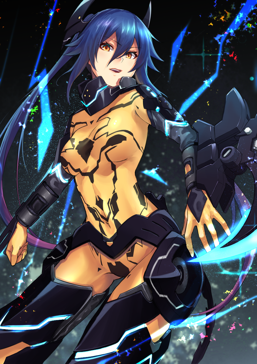 1girl blue_hair bodysuit breasts covered_navel eyebrows_visible_through_hair floating_hair hair_between_eyes headgear highres long_hair looking_at_viewer medium_breasts multicolored_hair open_mouth orange_bodysuit orange_eyes phantasy_star phantasy_star_online_2 purple_hair shimozuki_shio shiny shiny_hair skin_tight solo twintails two-tone_hair very_long_hair zelsius