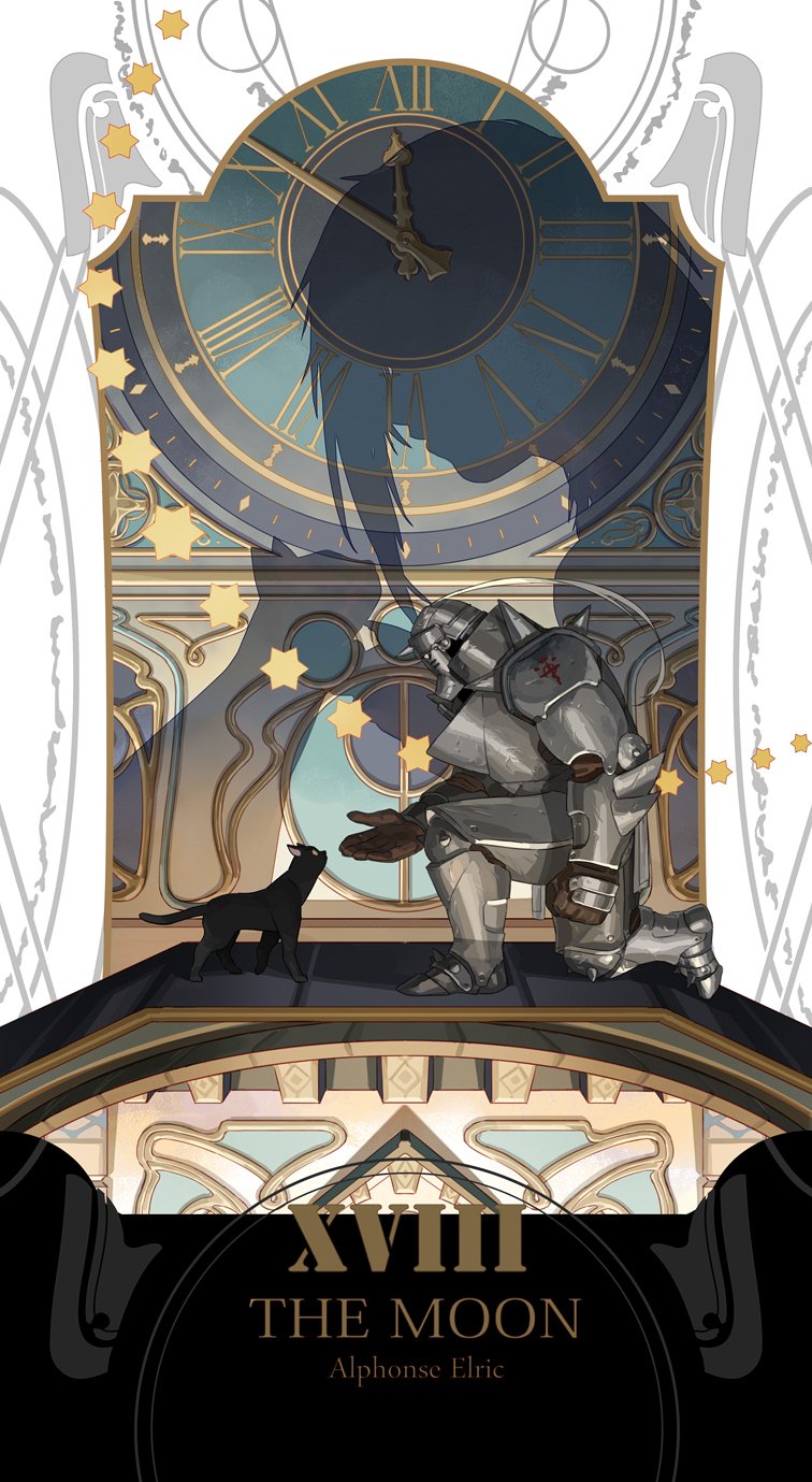 1boy alphonse_elric animal armor black_cat cat character_name clock commentary different_shadow english_commentary flamel_symbol full_armor fullmetal_alchemist gloves highres holy_pumpkin kneeling male_focus outstretched_hand profile revision shadow star tarot text_focus