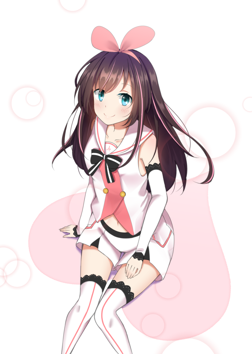 1girl a.i._channel blue_eyes blush bow brown_hair collarbone detached_sleeves floating_hair hair_bow kizuna_ai long_hair looking_at_viewer midriff navel pink_bow shirt short_shorts shorts sitting sleeveless sleeveless_shirt smile solo stomach thigh-highs very_long_hair white_background white_legwear white_shirt white_shorts xialuluo_(sharuro) zettai_ryouiki